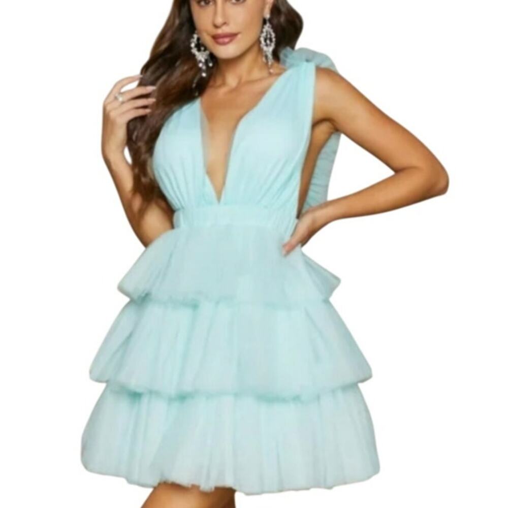 New Mable aqua blue tiered mini cocktail dress size Large